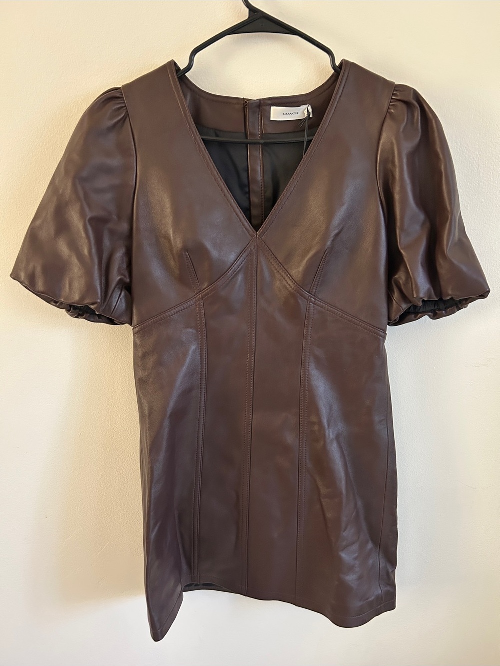 New Coach Brown Faux-Leather Puff Sleeve V-Neck Top